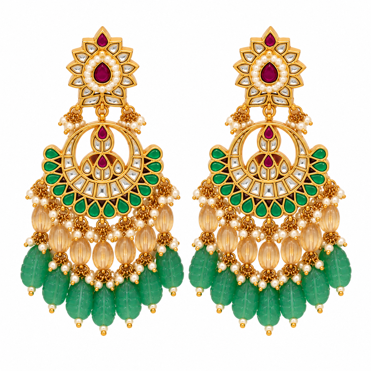 Emerald Carved Beaded Kundan Necklace Set