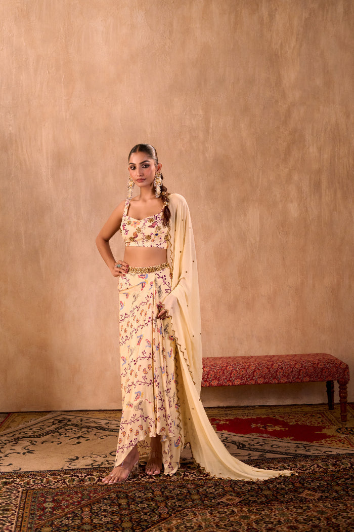 IVORY PRINT EMBROIDERED CHOLI, DRAPED SKIRT AND DUPATTA SET - image 5