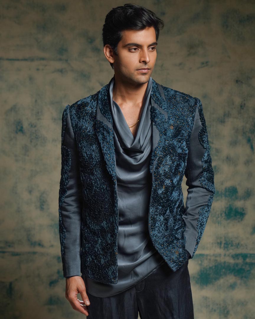 Charcoal Blue hand embroidered short jacket set