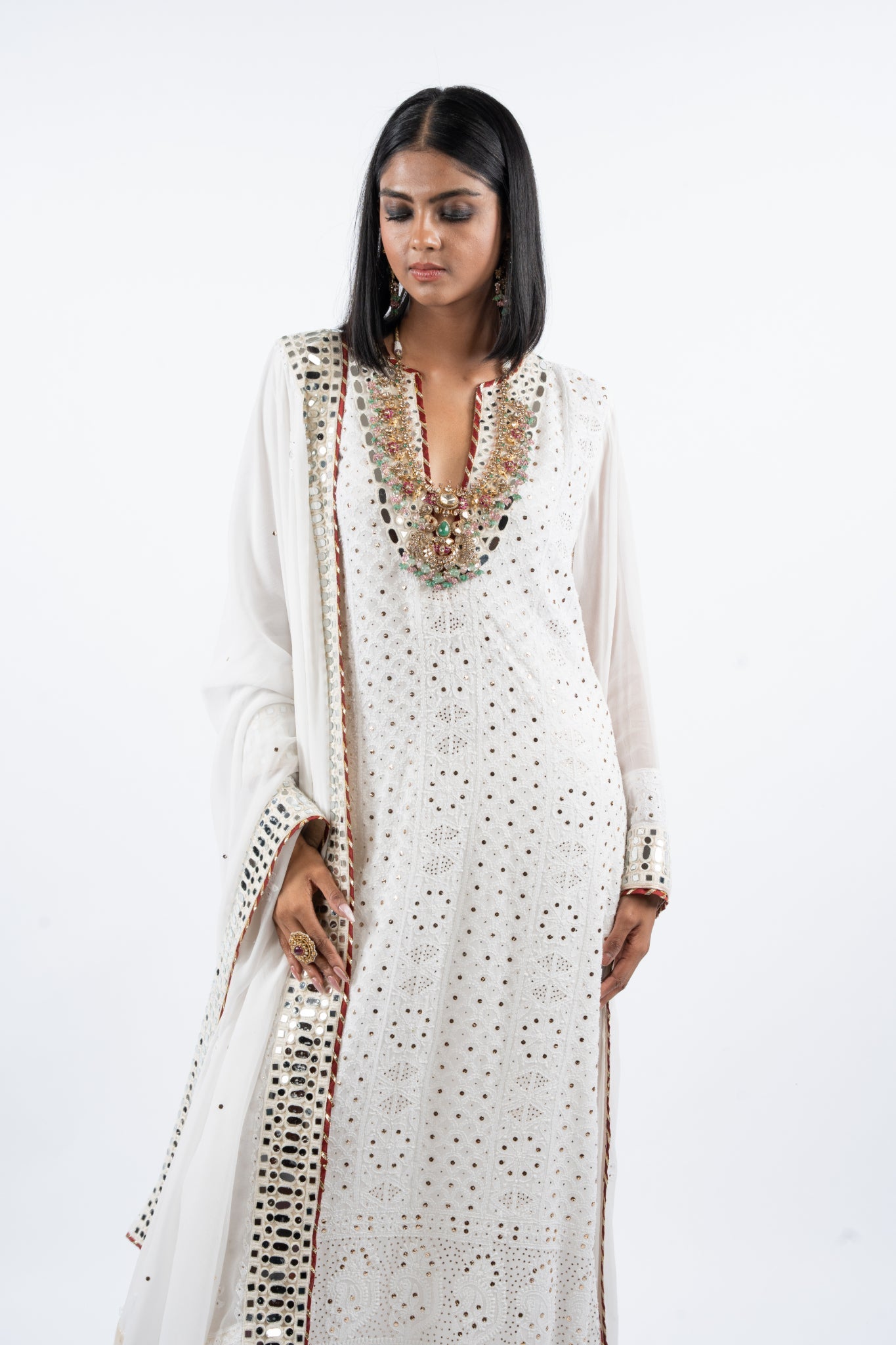 Ivory Mirrorwork Anarkali Set