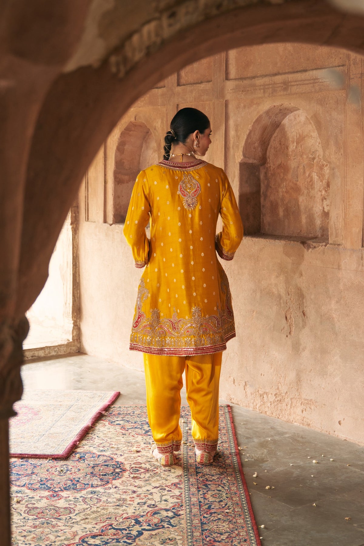 Mustard Banarasi Silk Short Kurta Salwar Set with Organza Dupatta