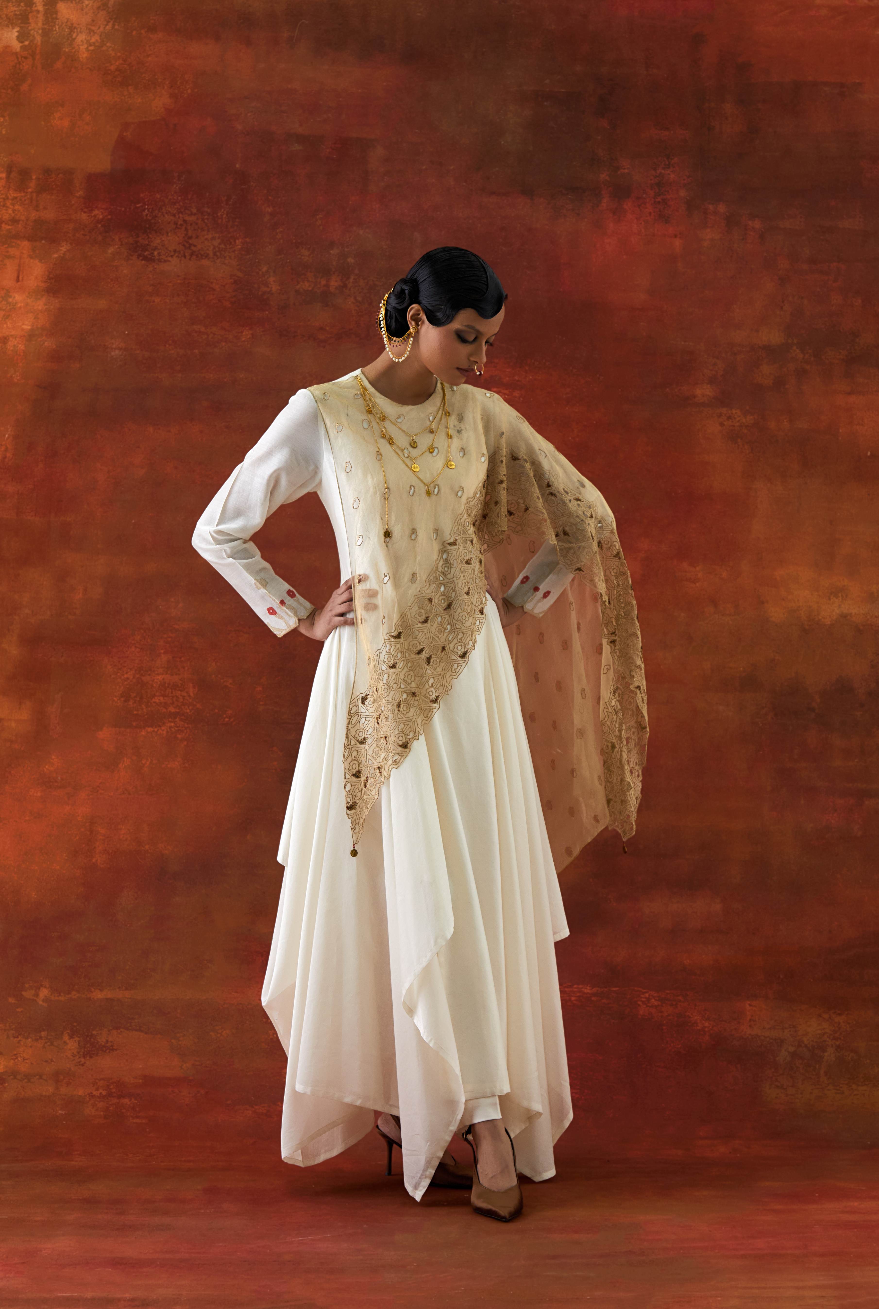 EMB GOLD TISSUE ATTACHED DRAPED KURTA WITH PANTS - image 5