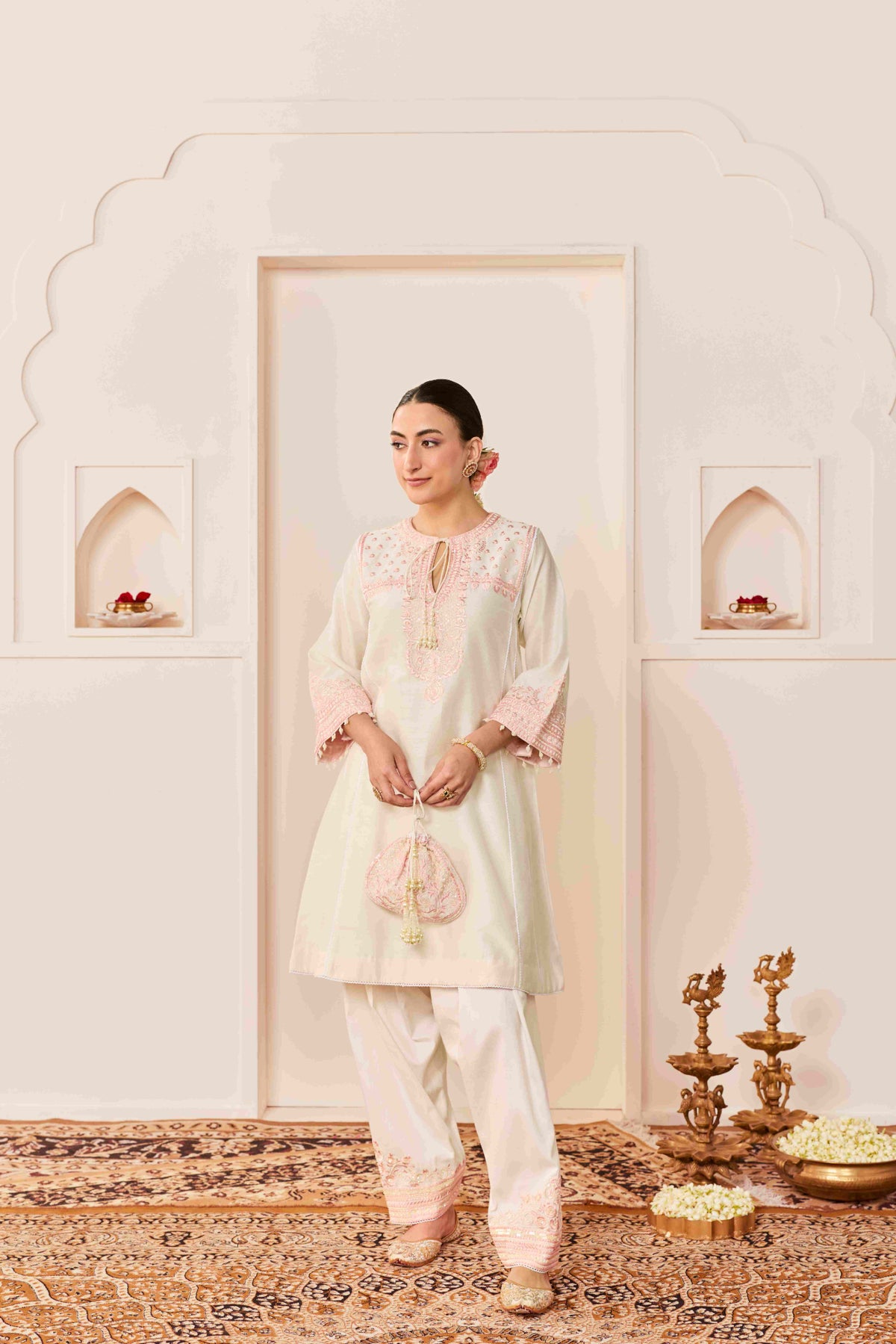 Daisy Ivory Pink Choga with Salwar in Pure Silk Chanderi