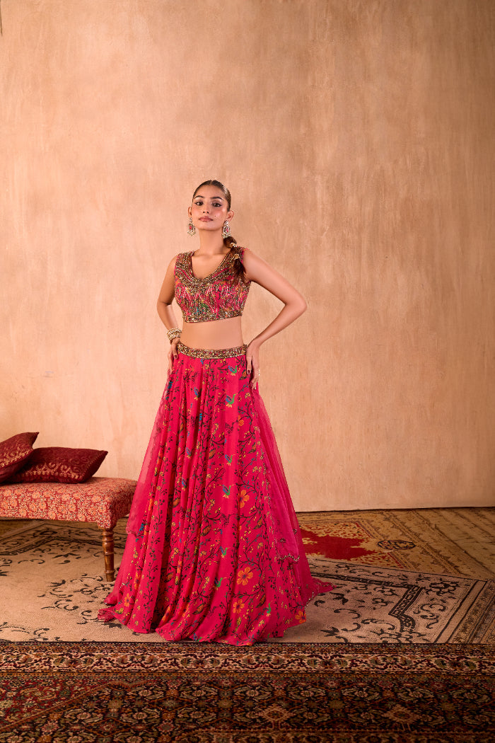 PINK PRINT EMBROIDERED CHOLI, LEHENGA AND DUPATTA SET - image 5