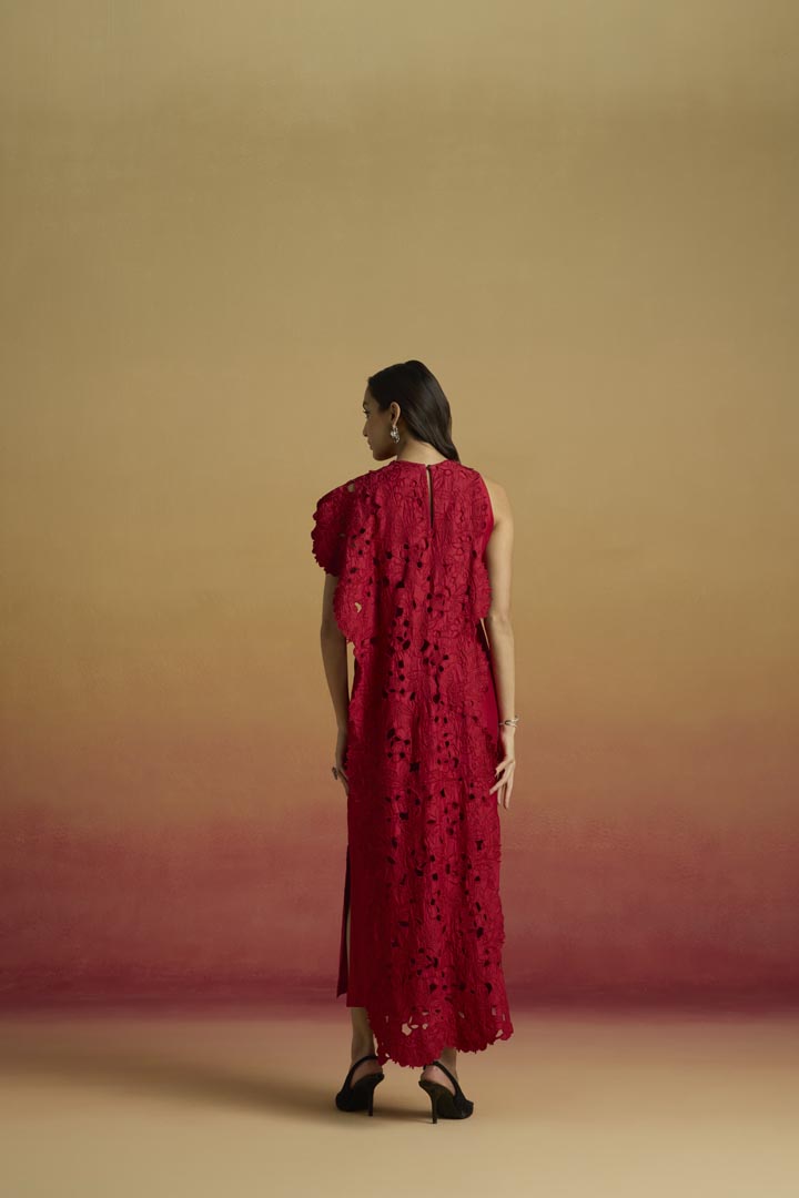 Elegant Red Chanderi Straight Dress with Cutwork Drape Detail