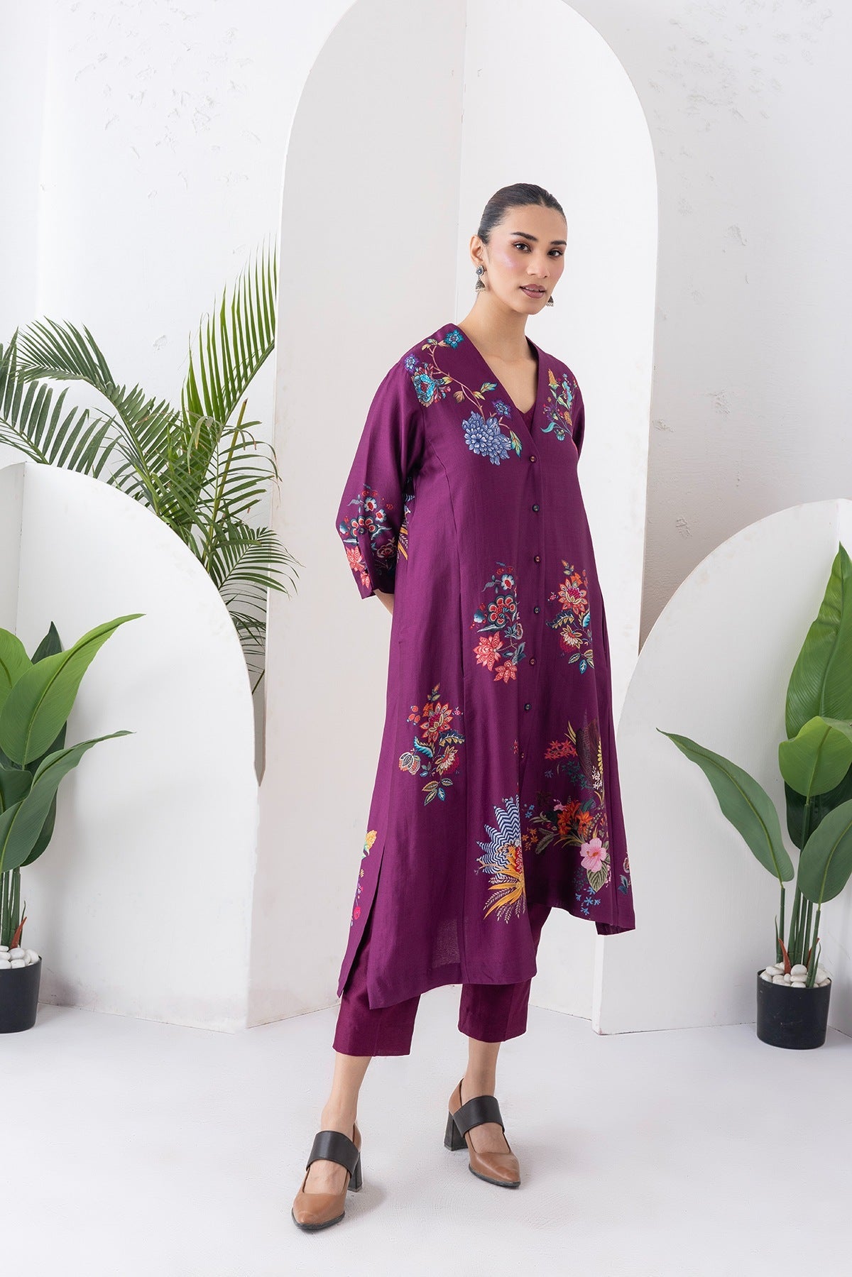 Wine Silk Chanderi Printed High-Low Dress Set (3 PCS)
