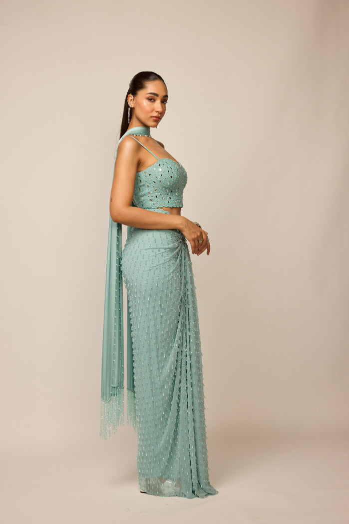 Powder Blue Satin Draped Saree Set