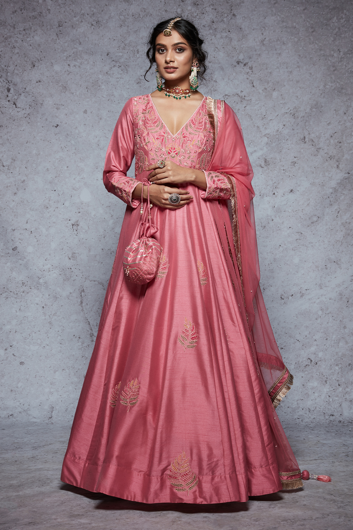 Rose Pink Embroidered Dupion Silk Anarkali Set - Saira Festive Wear