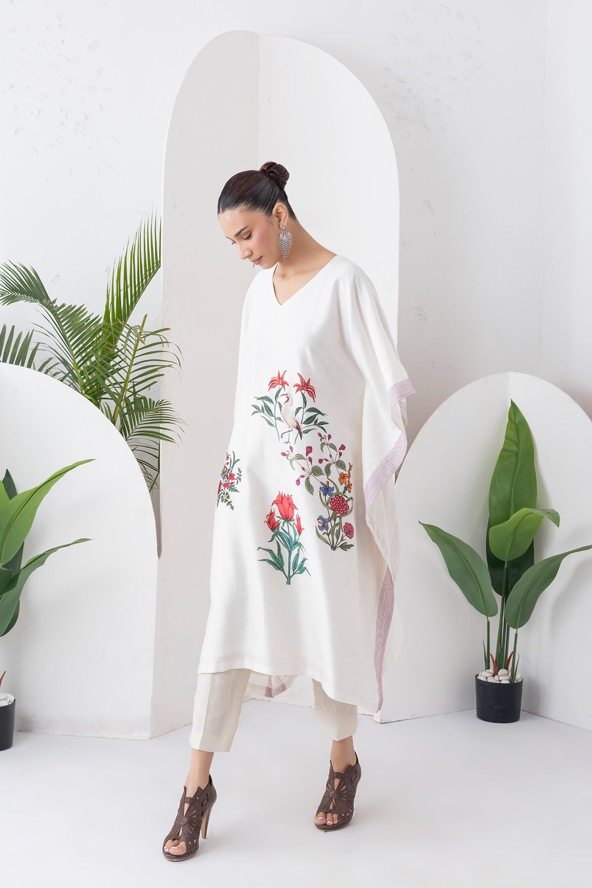 Ivory Silk Chanderi Floral Printed Kaftan Set (2 PCS)