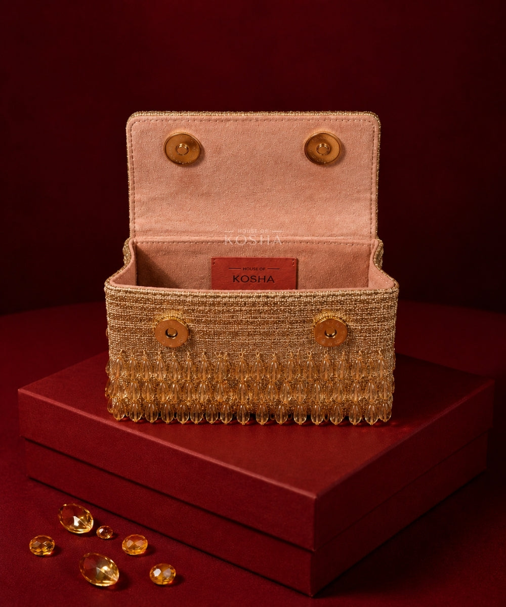 Myra Gold Georgette Crystal Embellished Mini Bag