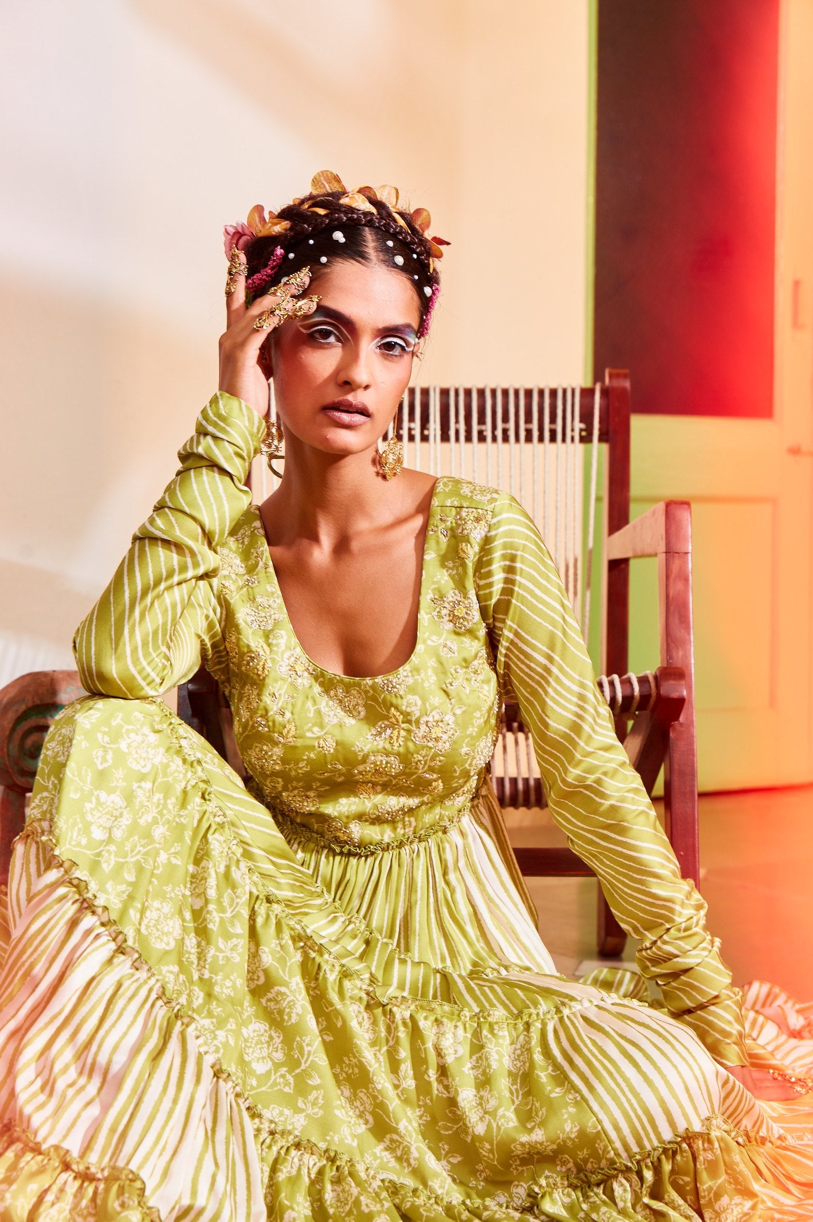 Olive Green Teired Anarkali.