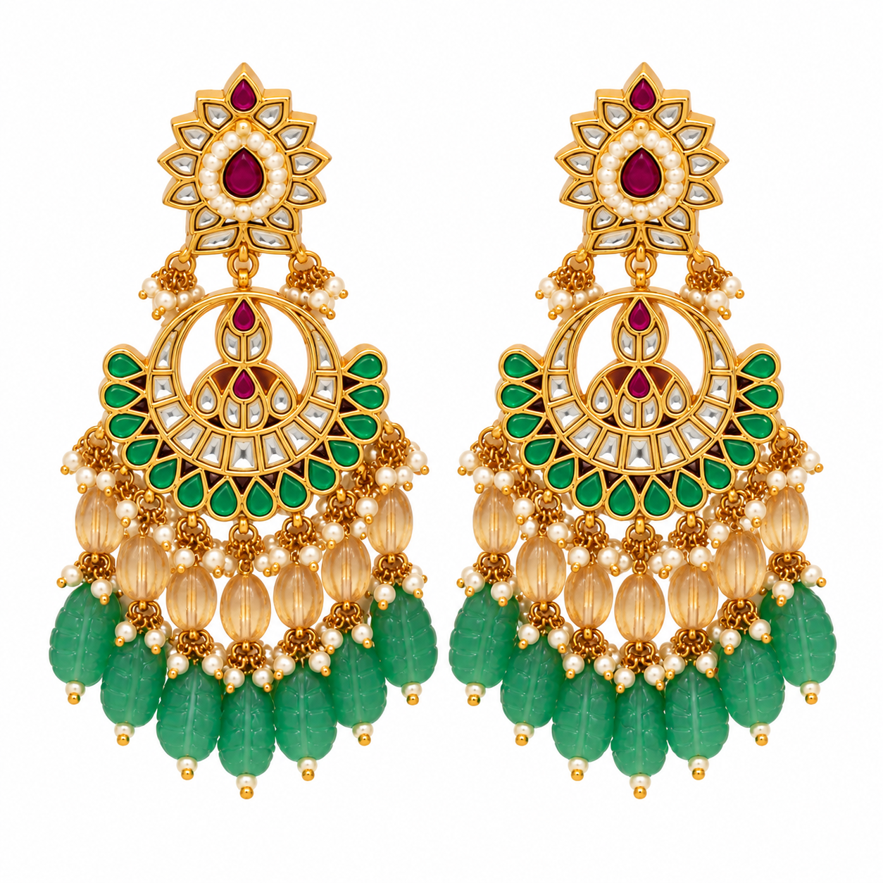 Green Kundan Carved Bead Necklace Set