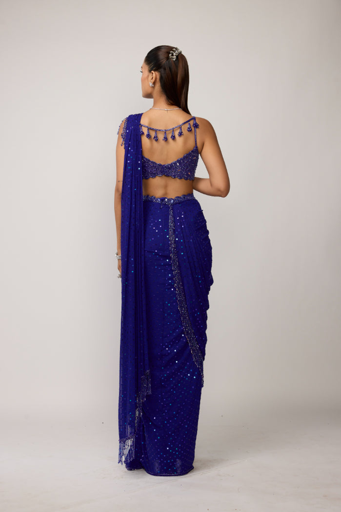 Cocktail Blue Sequins Embroidered Saree Set