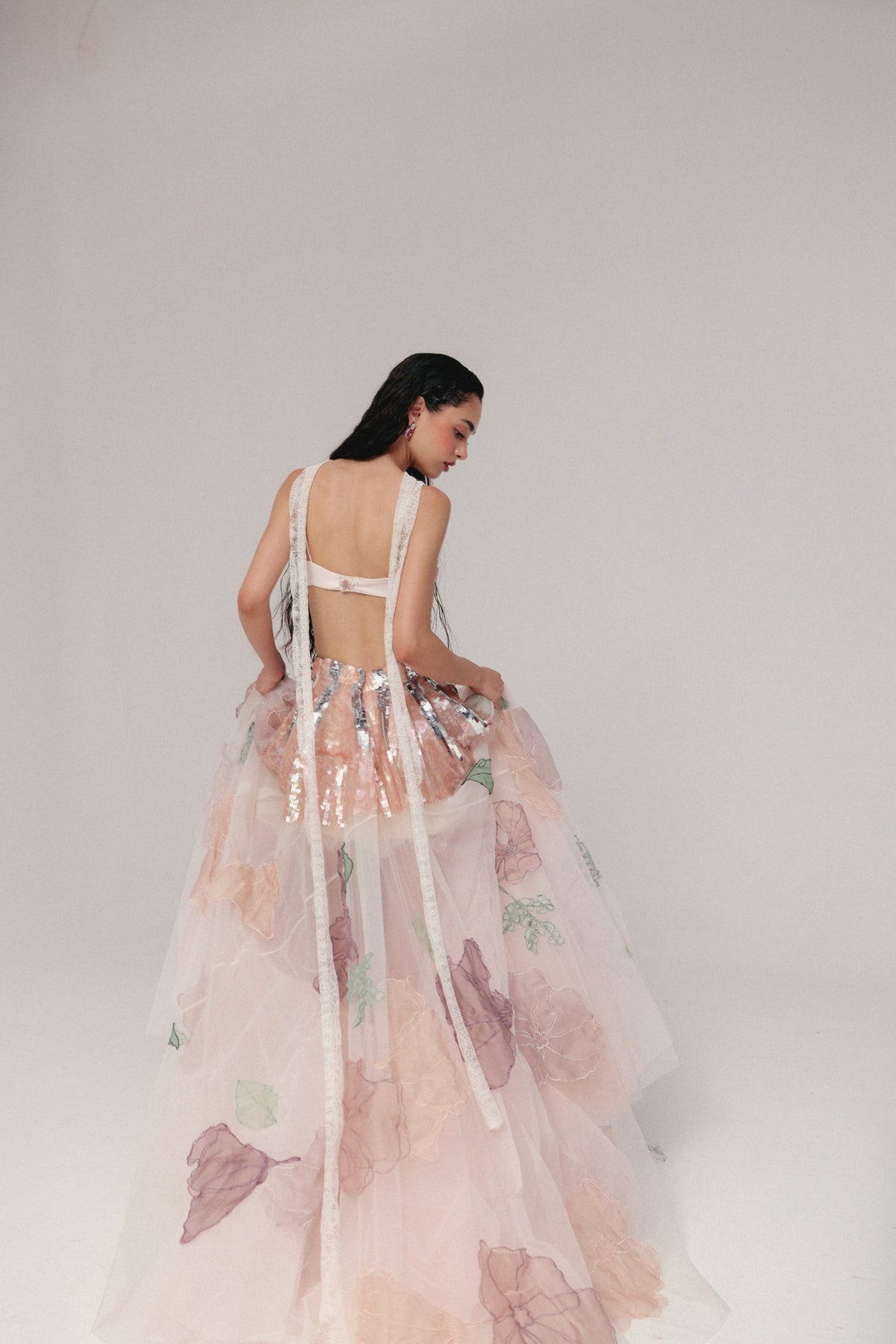 Beaded & Sequin Embroidery, Silk & Soft Tulle with French Lace, Skirt Set, Bralette Silhouette