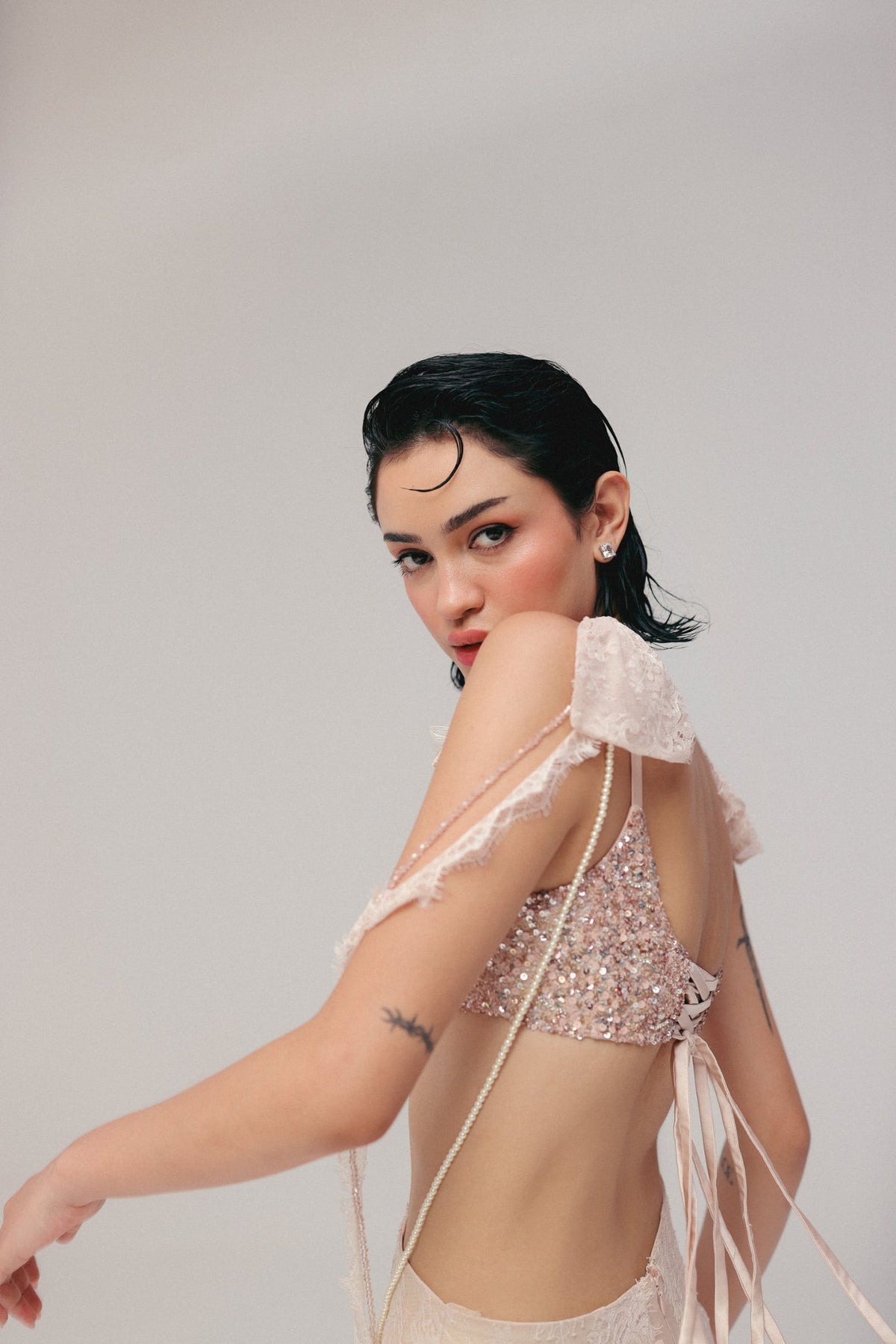Sequin & Bugle Bead Embroidery, Silk Satin & French Lace, Skirt Set, Blouse Silhouette