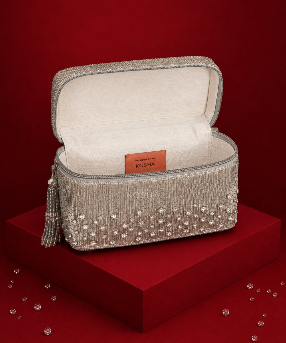 Cally Silver Suede Embroidered Vanity Bag