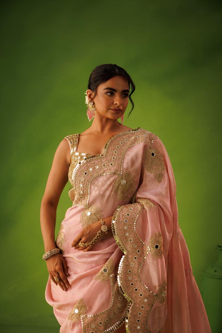 Baby pink mirror work saree set