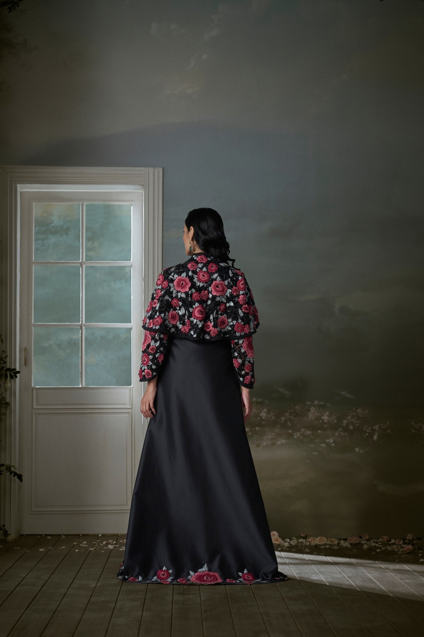 Floral Embroidered Black Silk Long Dress with Jacket & Trouser