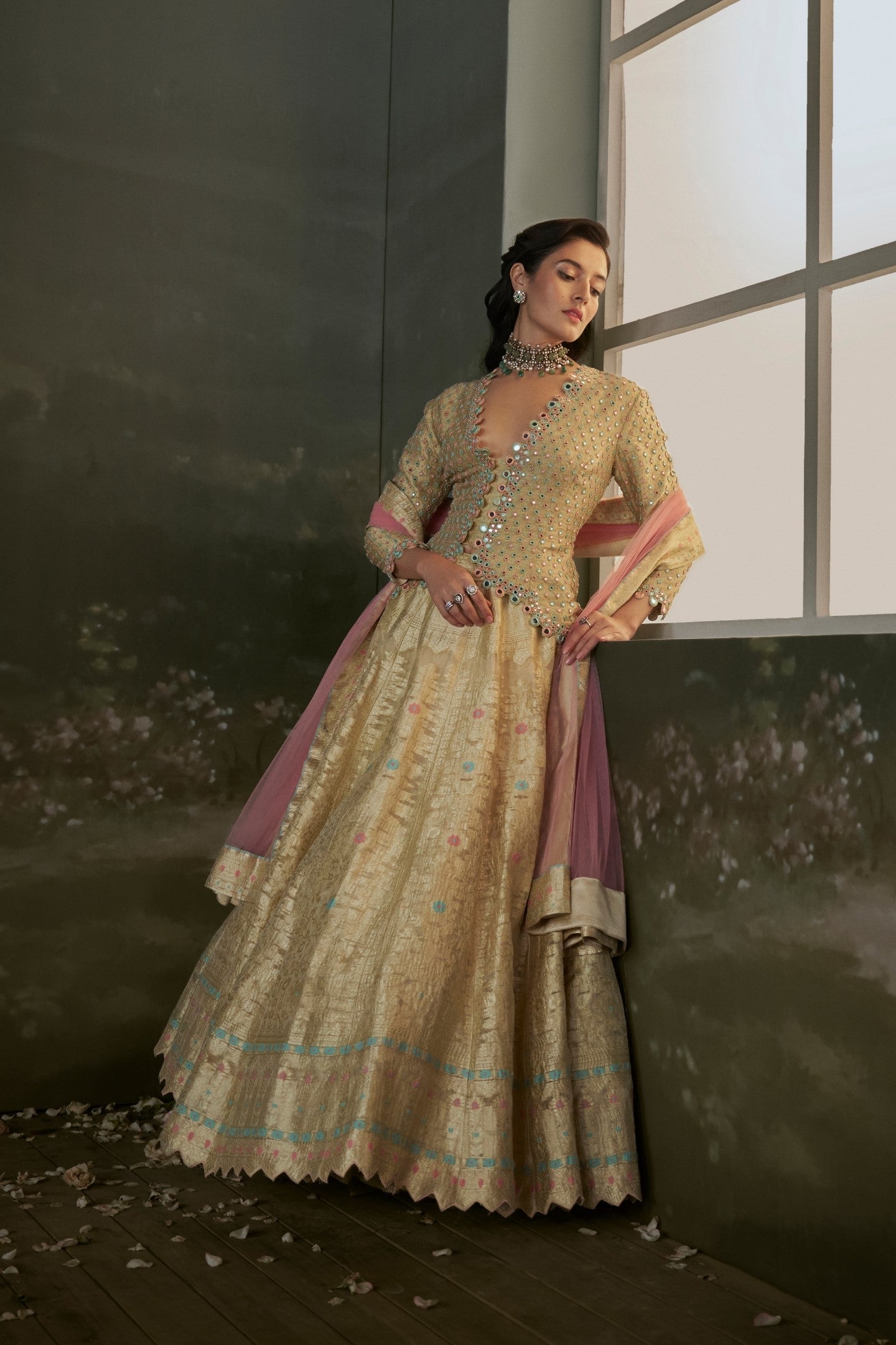 Gold Woven Banarasi Silk Lehenga with Jacket Blouse & Net Dupatta