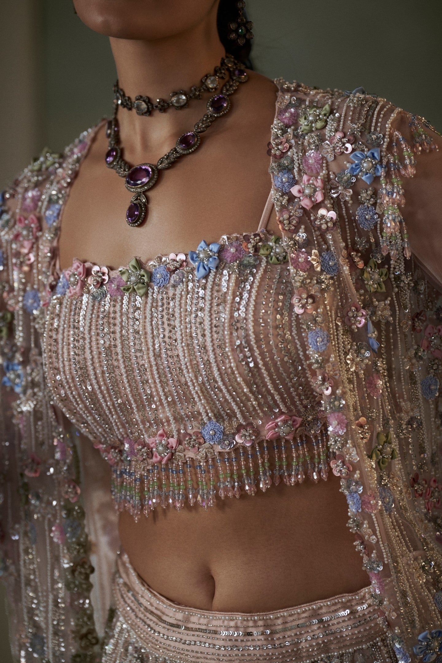 Peach Multicolored Net Lehenga Choli Set With Jacket
