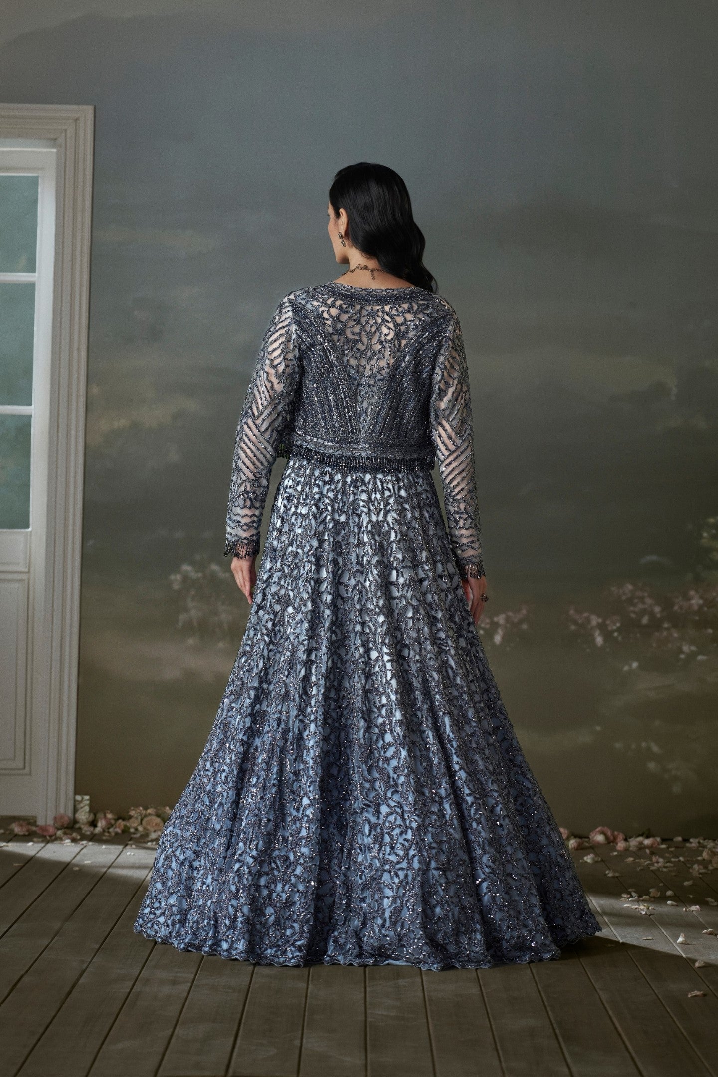 Stone Grey Net and Satin Lehenga Choli with Embroidered Jacket