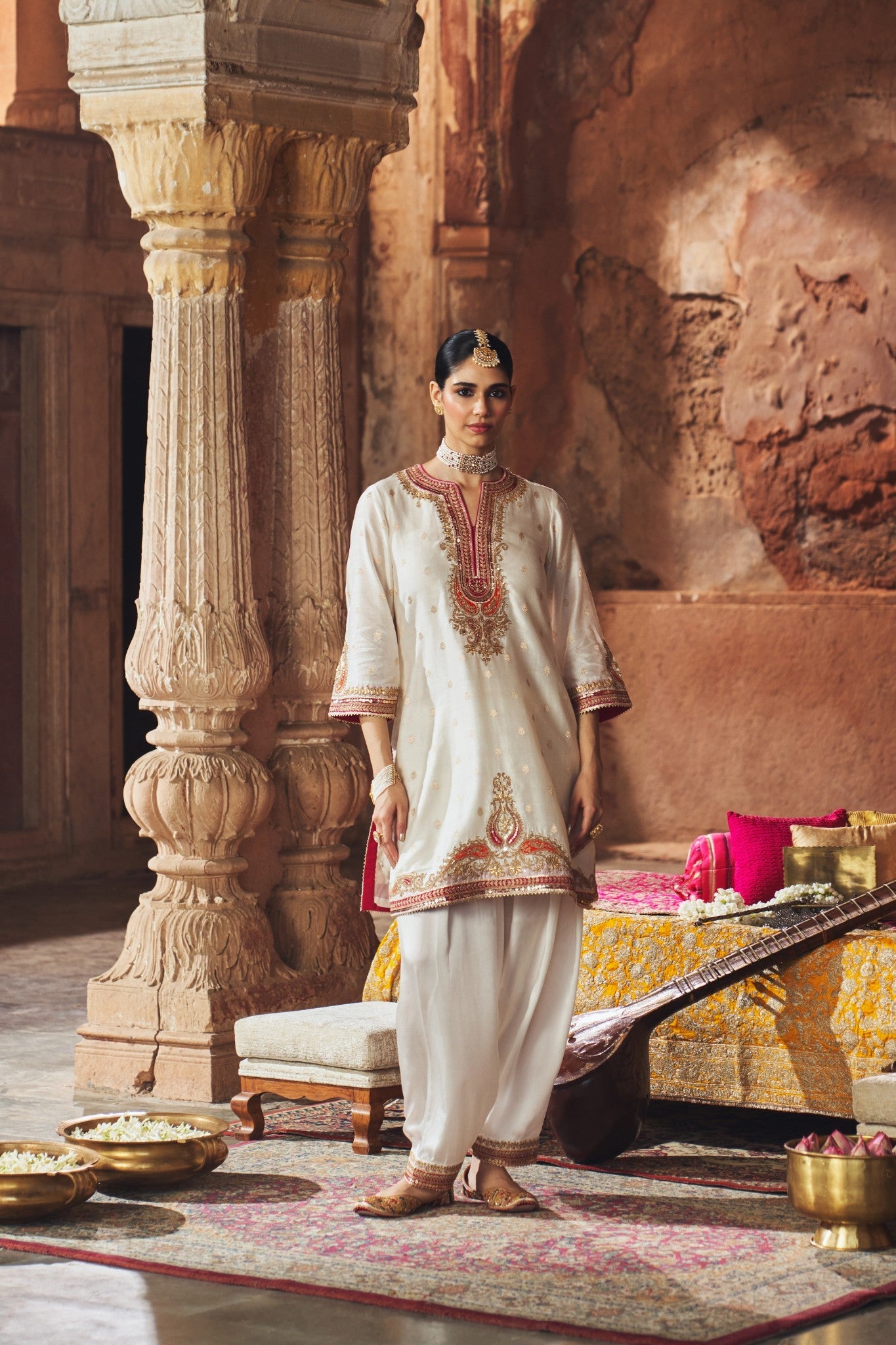 MEHWISH - DAISY IVORY SHORT KURTA WITH SALWAR AND DUPATTA