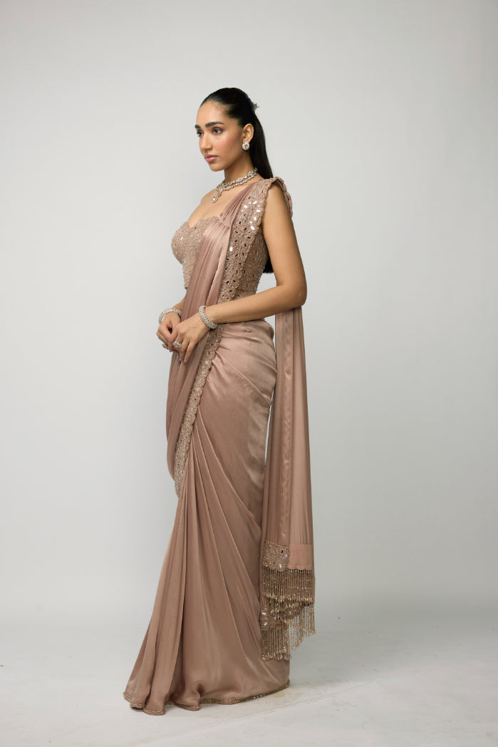 Bronze Ros� Satin Draped Saree Set