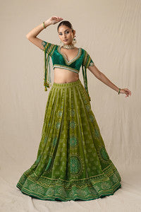Green ombre printed bandhej lehenga set