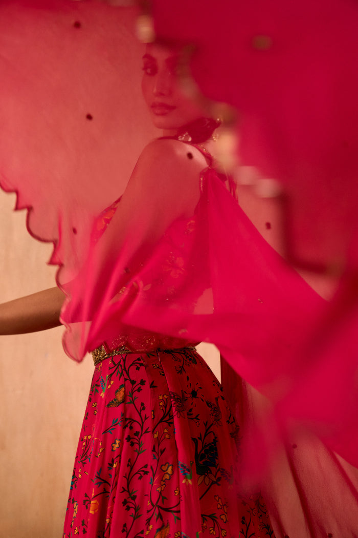PINK PRINT EMBROIDERED CHOLI, LEHENGA AND DUPATTA SET - image 5