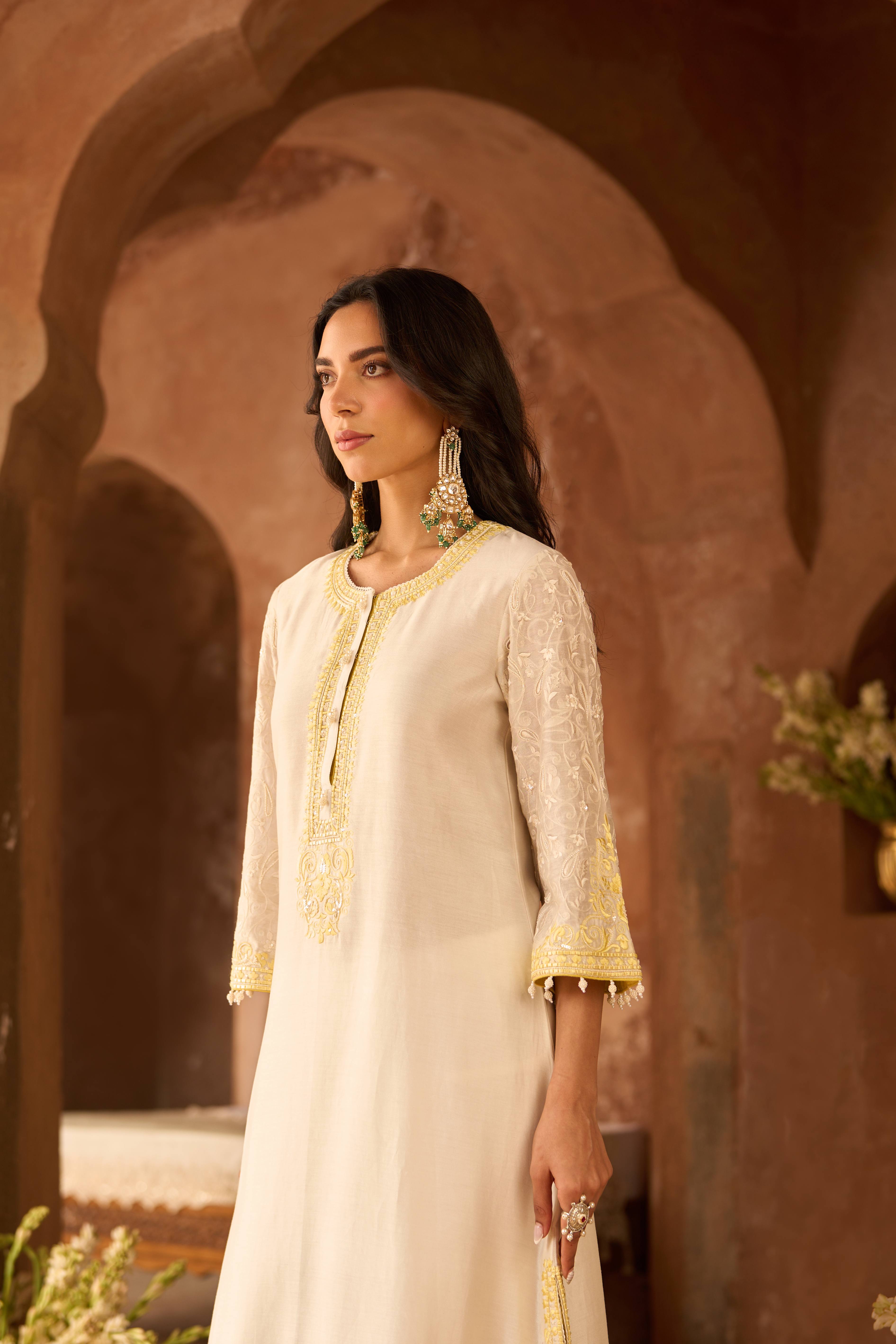 ANAM - DAISY IVORY WITH LEMON YELLOW A-LINE KURTA WITH SALWAR AND DUPATTA