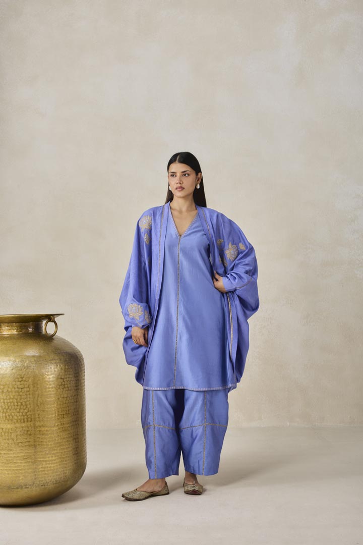 Ink Blue Chanderi Jacket Style Kurta Salwar Set for Women