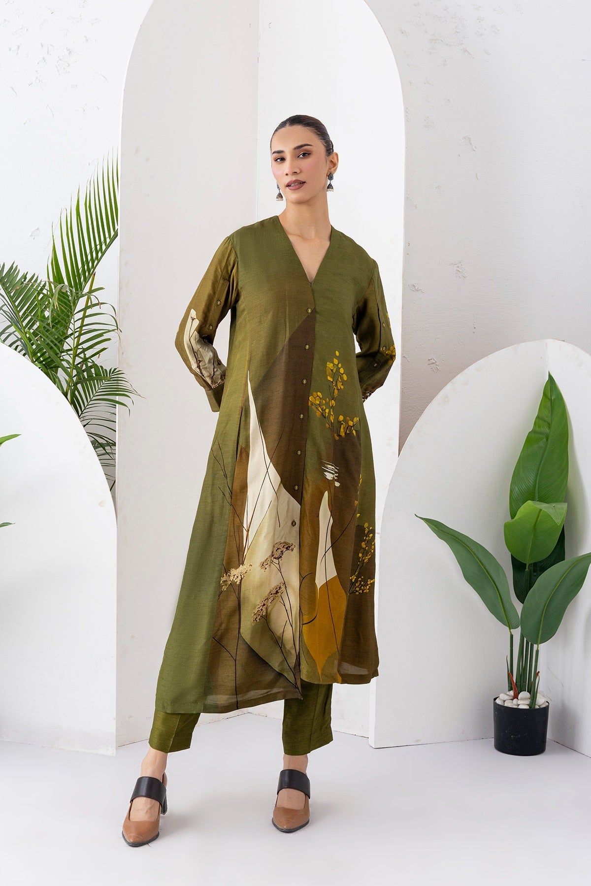 Moss Green Shaded Viscose Dupion Printed High-Low Dress Set (2 PCS)