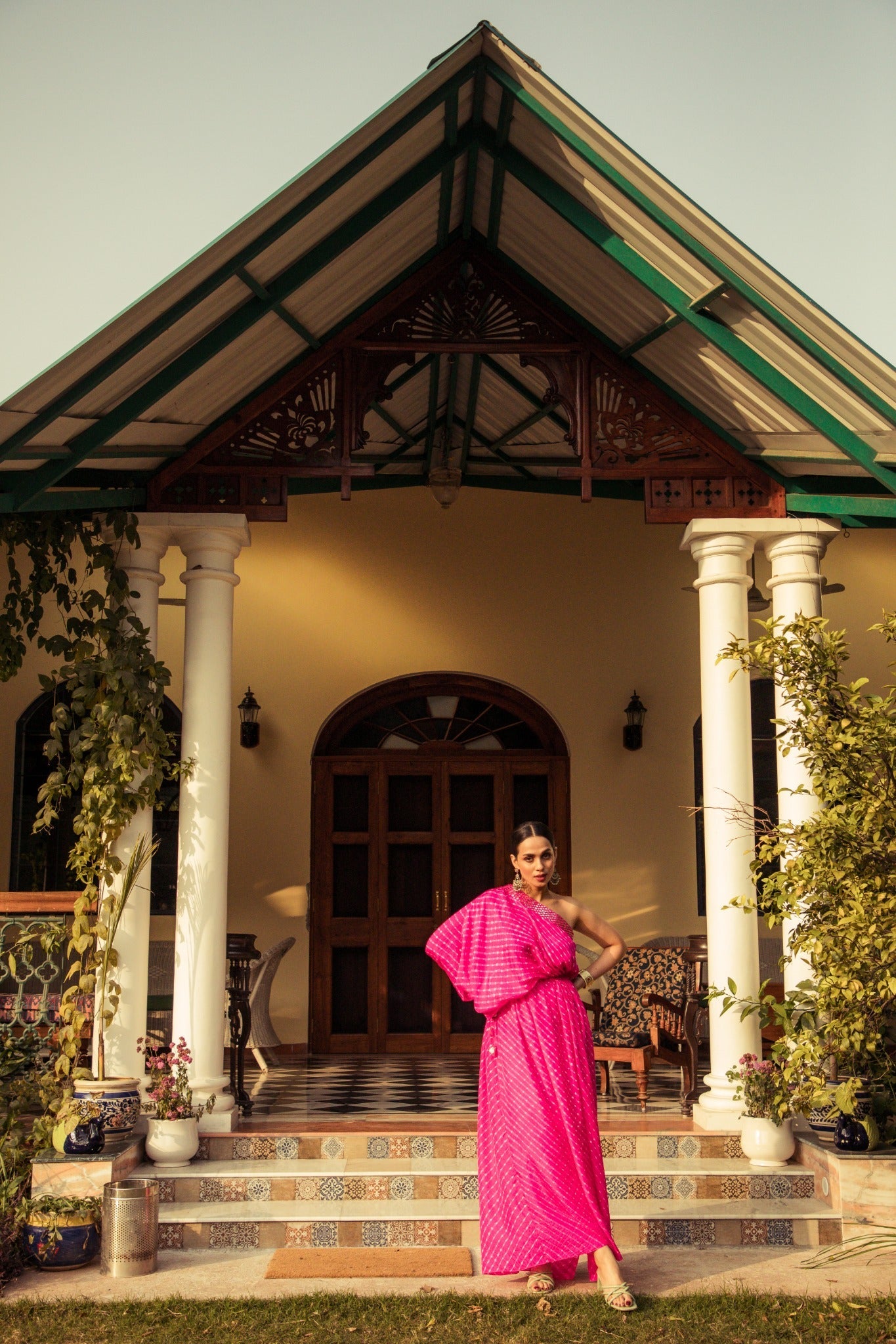 One shoulder leheriya dress