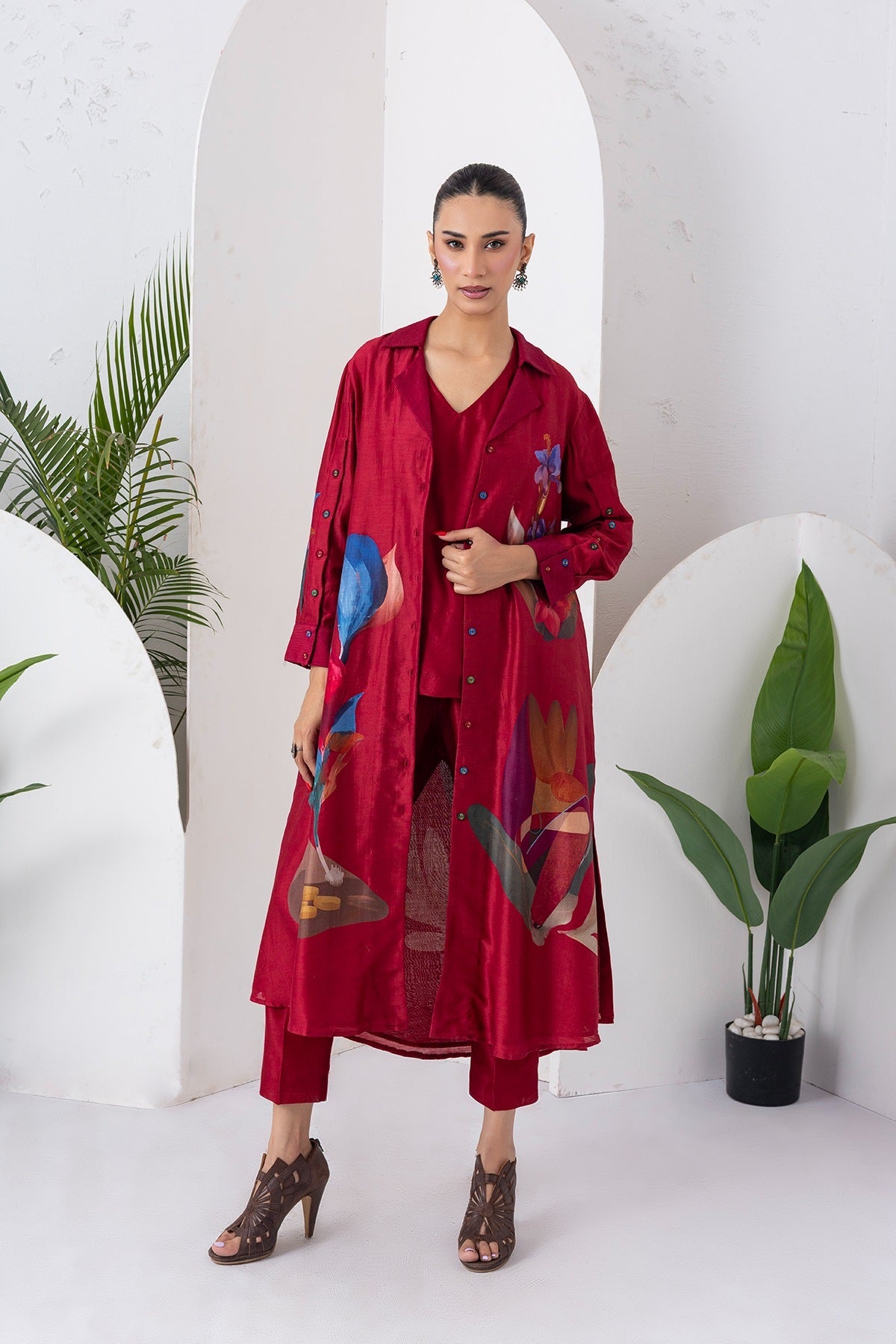 Red Viscose Dupion Printed Front Open Dress Set (3 PCS)