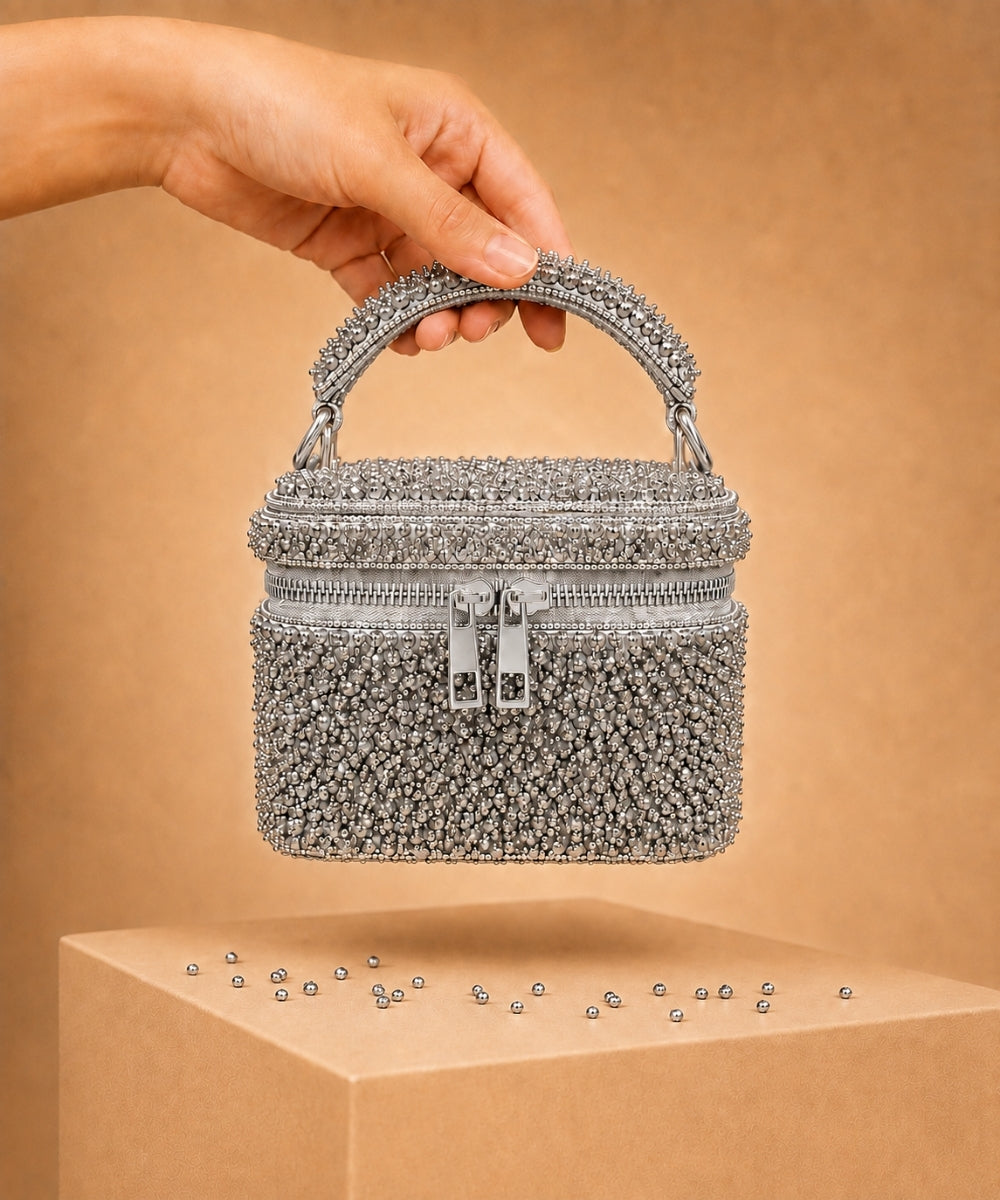 Ziya Silver Suede Embroidered Vanity Bag