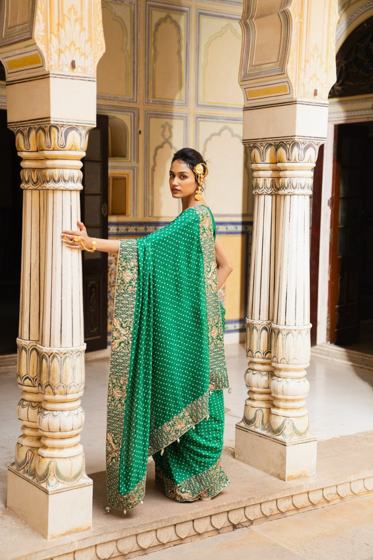 Peacock and lotus bandhni saree