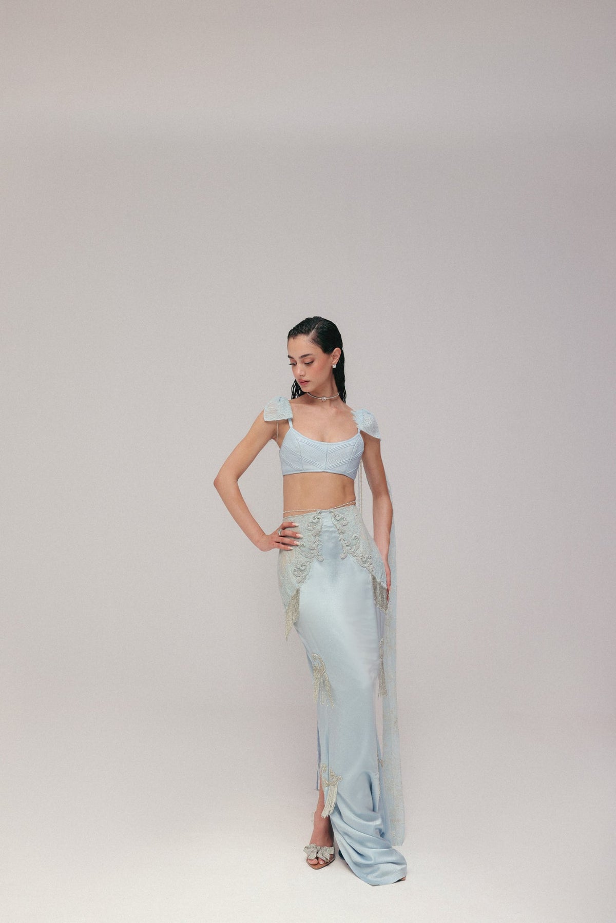 Bugle Bead & Crystal Embroidery, Silk Satin & Lace, Skirt Set, Crop Silhouette