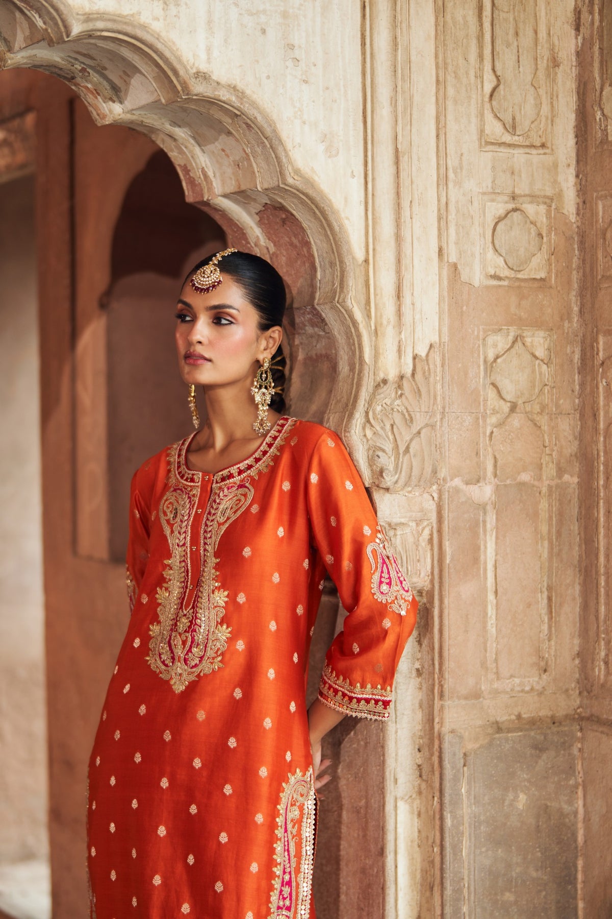 Burnt Orange Chanderi Silk Short Kurta with Dhoti Salwar Set