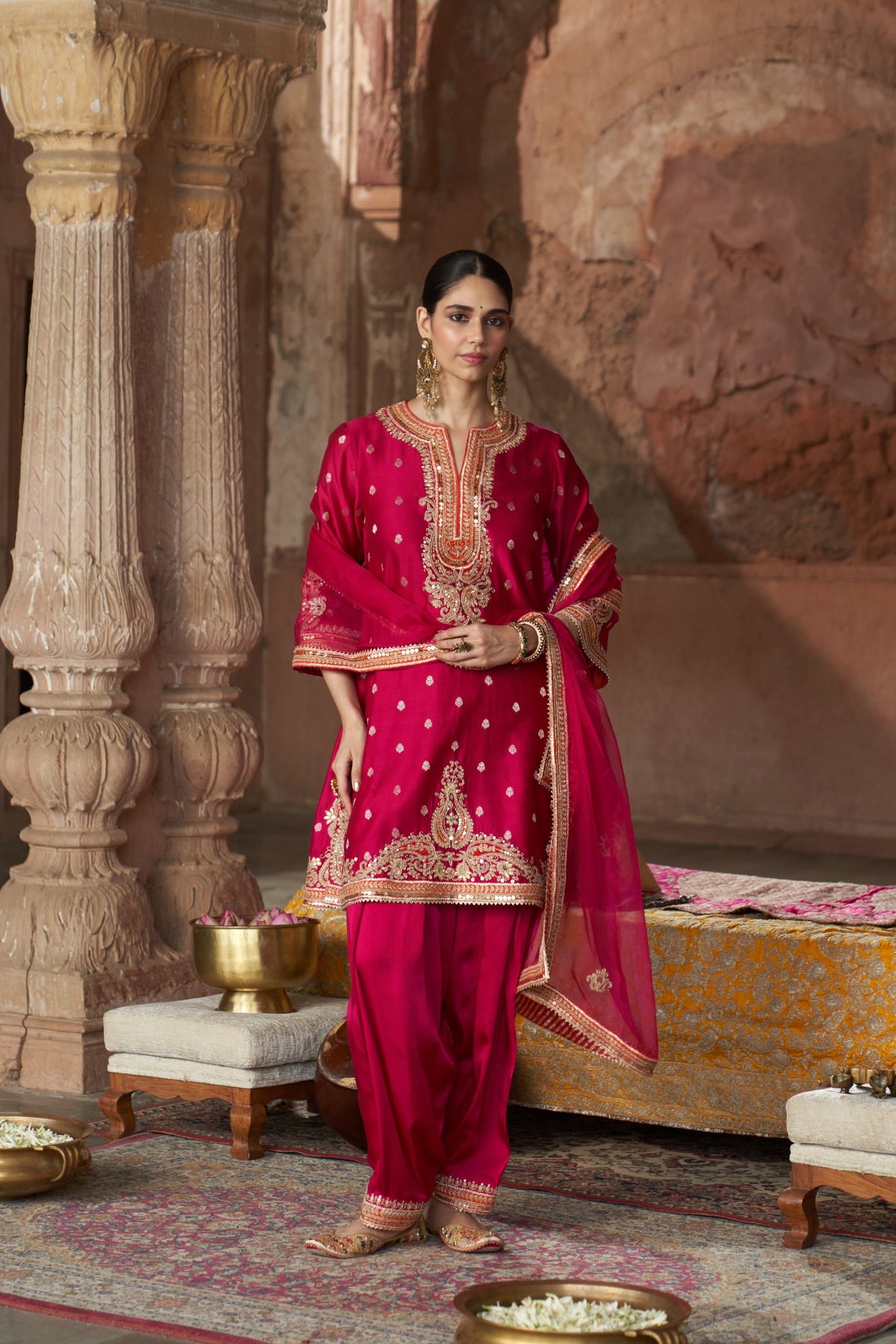 Hot Pink Banarasi Silk Kurta Salwar Set with Organza Dupatta