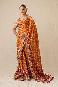 Rediant orange and red printed bandhej sari set