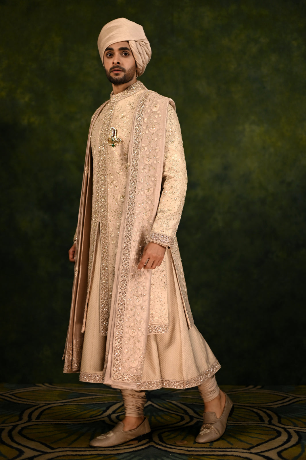 mushroom dabka and threadwork sherwani set