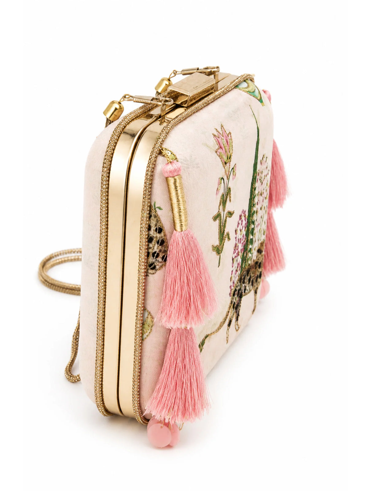 Pink Leopard Print Clutch Bag with Floral Embroidery & Pink Tassels