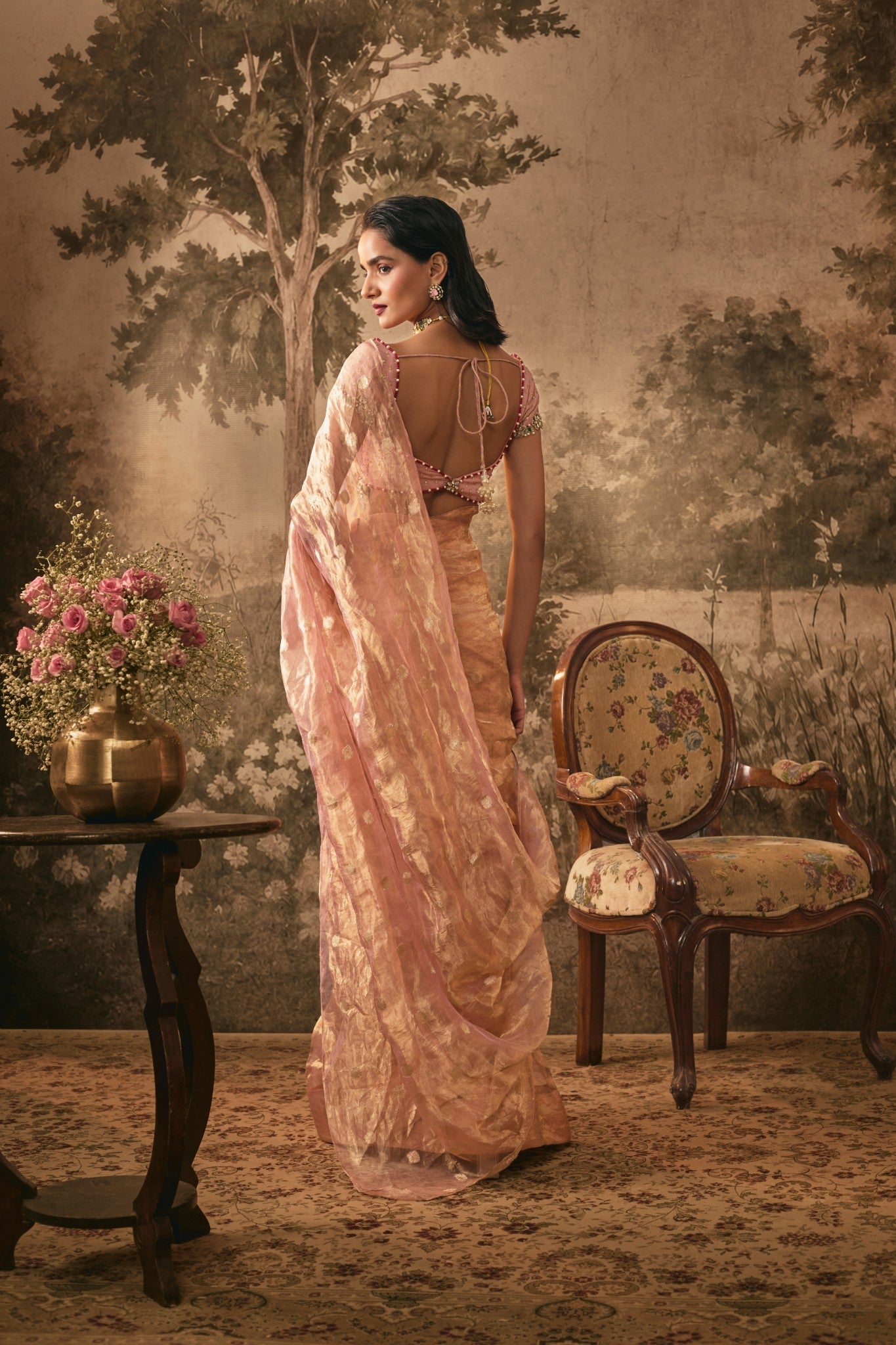 BLUSH PINK TISSUE SILK PRE-DRAPED SAREE