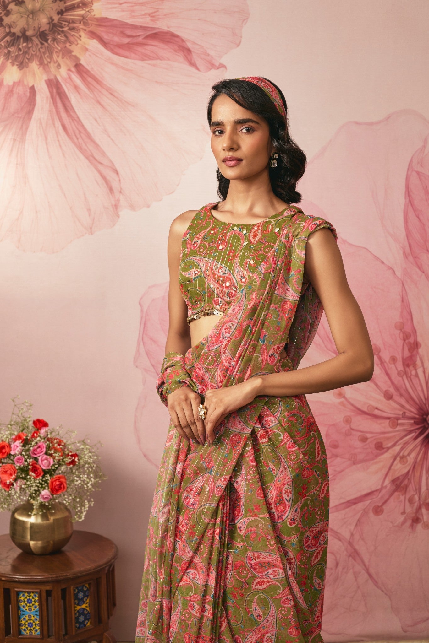 GREEN PAISLEY PRINTED PRE DRAPED SAREE SET