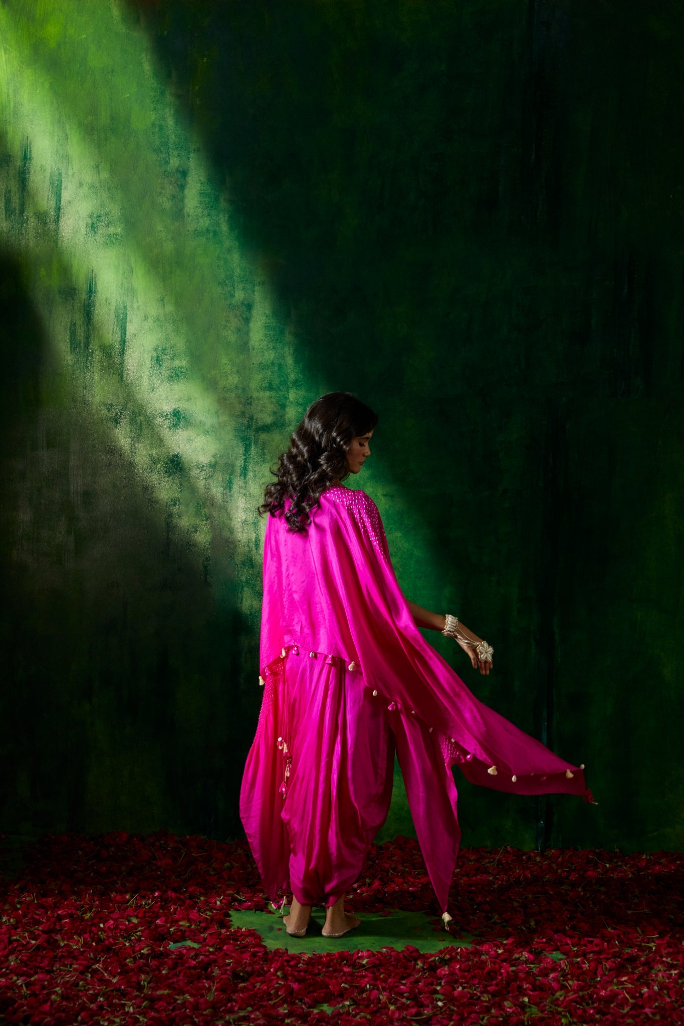 Bandhni asymmetrical cape with drape skirt