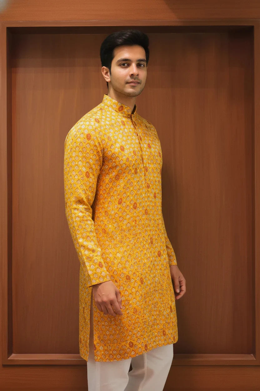 Amber Zari Printed Linen Silk Kurta