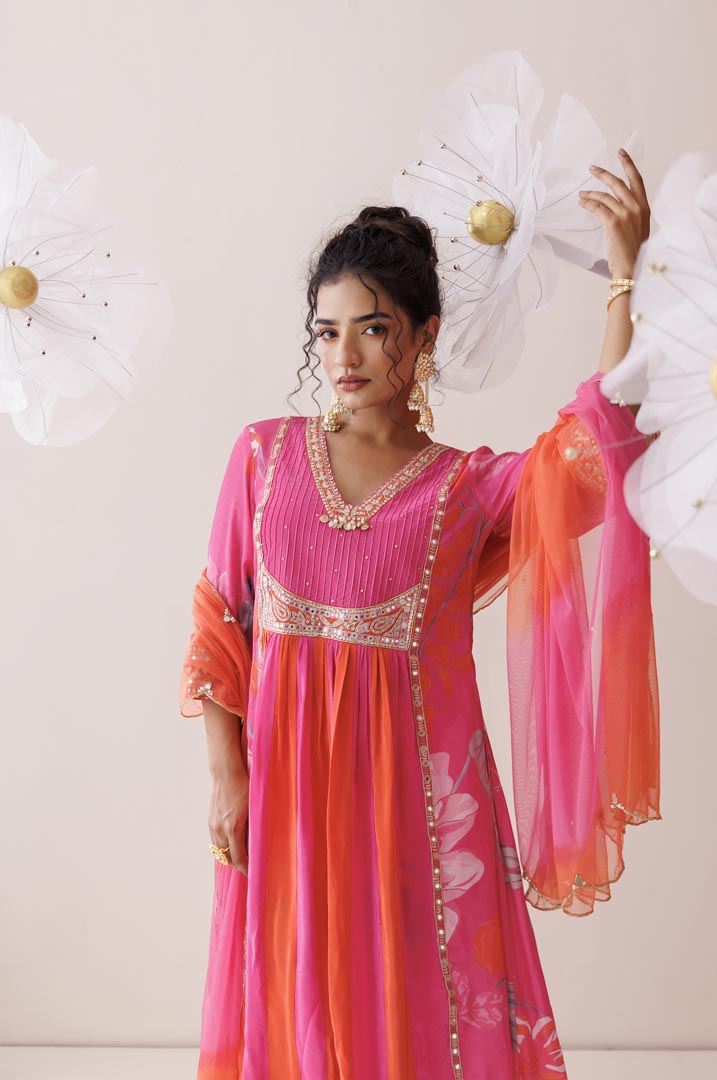 Pink and orange dori work kurta set