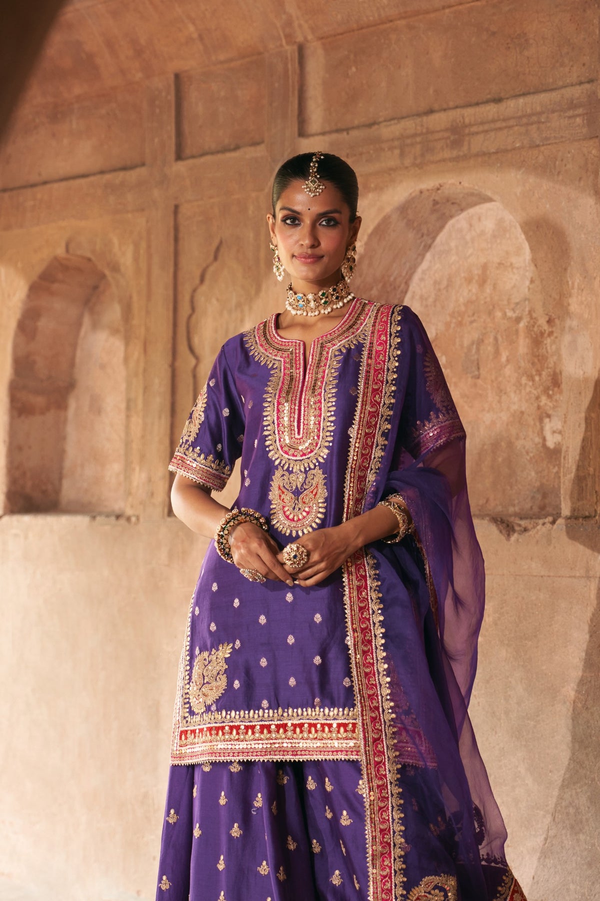 Deep Purple Banarasi Short Kurta Sharara Set with Dupatta