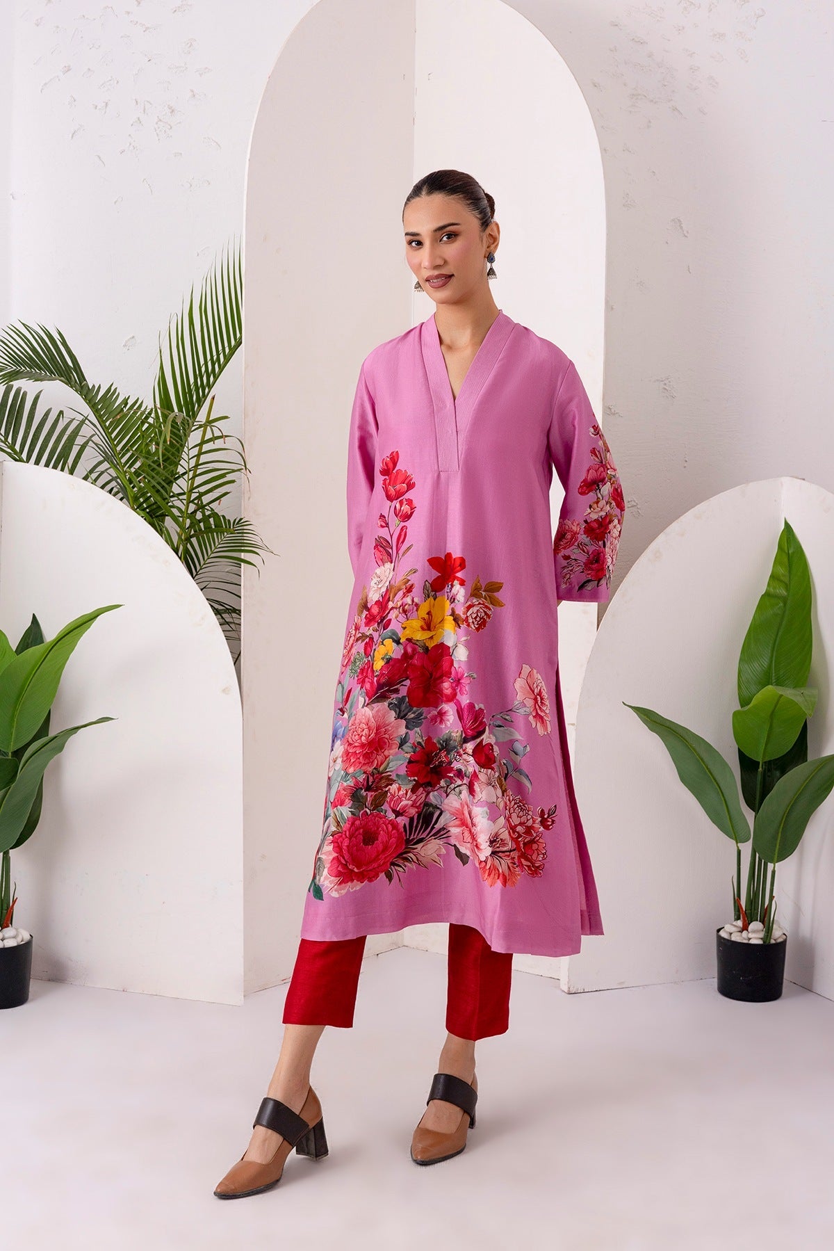 Salmon Pink Silk Chanderi Printed Tunic Set (2 PCS)