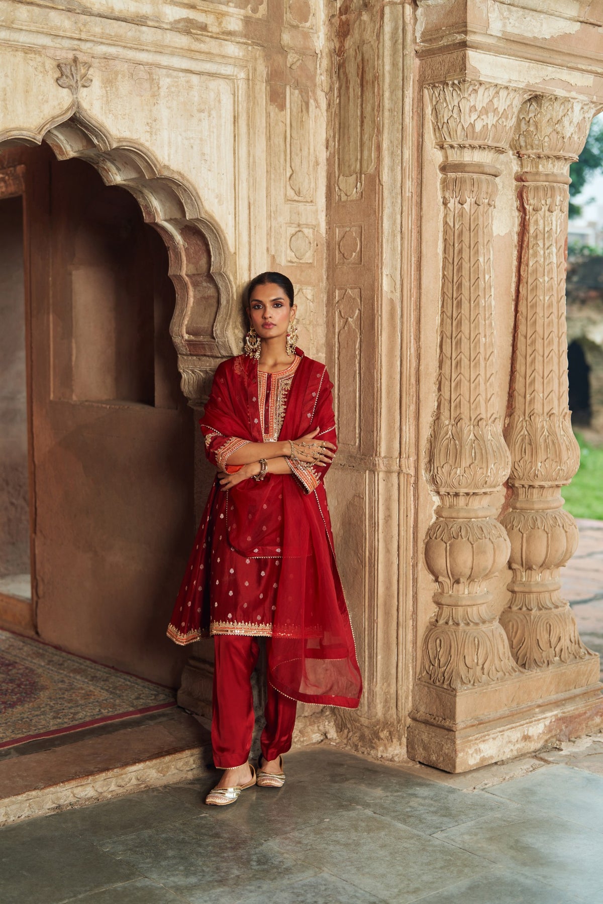 Deep Red Pure Silk Chanderi Chauga Kurta with Salwar Set